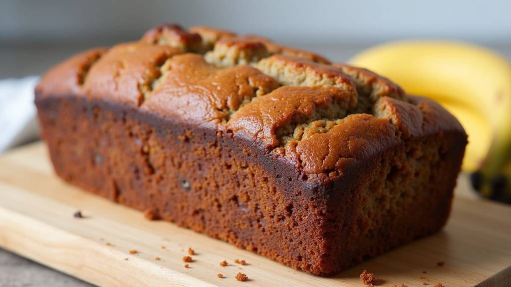 Banana bread healthy moelleux posé sur un plateau en bois