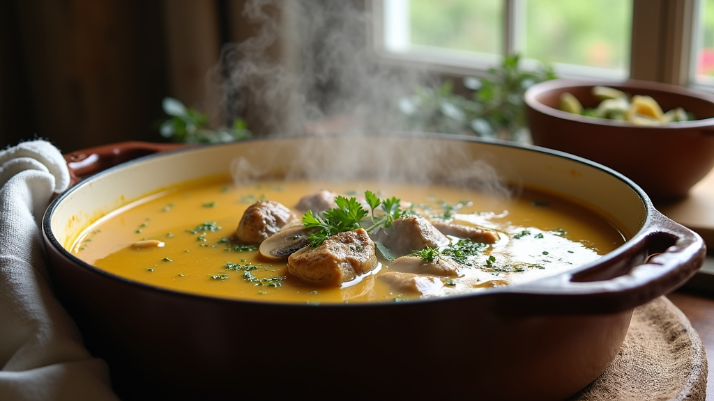 Blanquette de veau gastronomique mijotée dans une cocotte en céramique