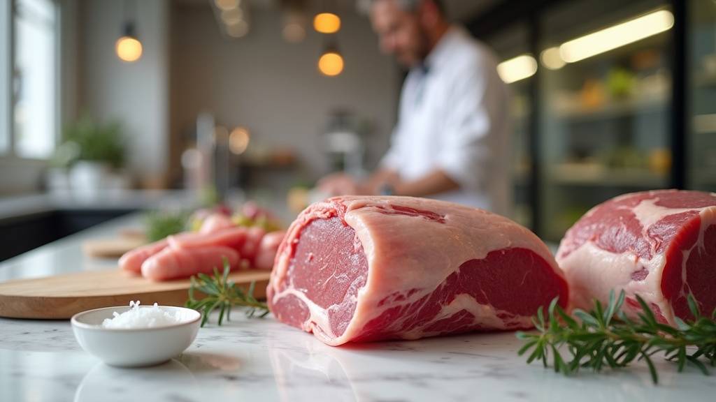 Intérieur d'une boucherie halal à Grenoble - Viandes exposées