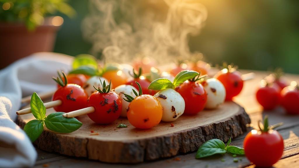 Préparation de brochettes avec ingrédients variés et plateaux de service