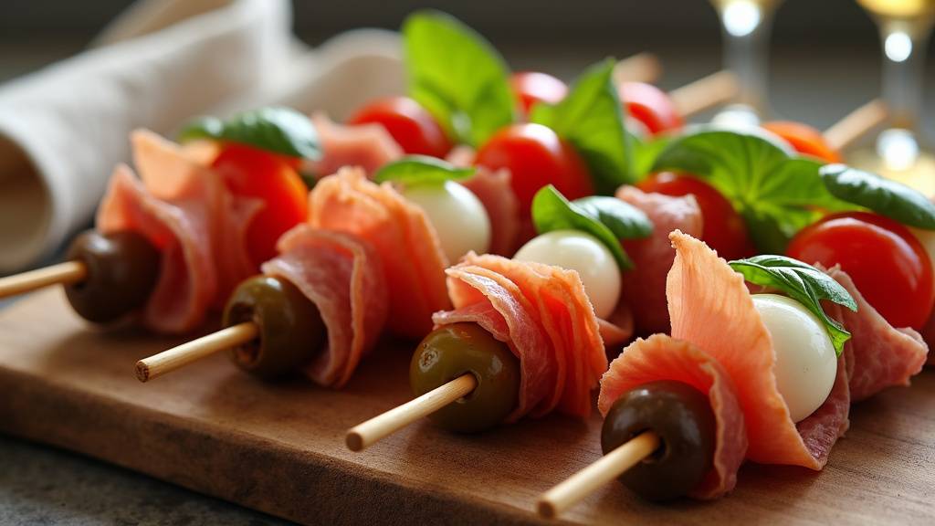 Assortiment coloré de brochettes apéritives sur un plateau de service