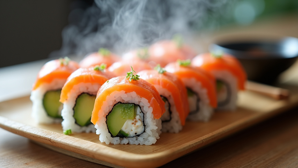 Assiette de sushis variés avec informations nutritionnelles
