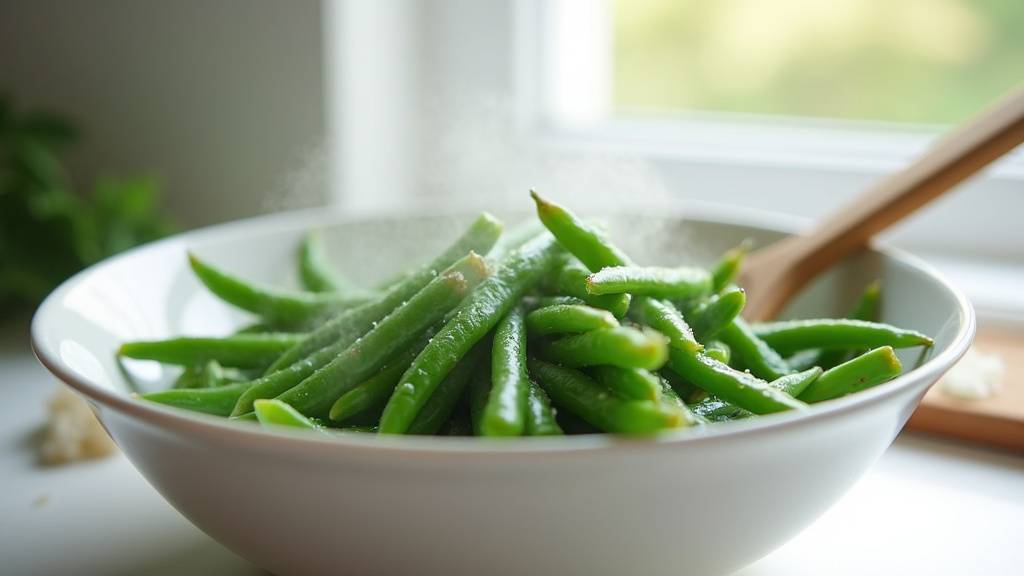 Choc thermique des haricots verts dans un bain glacé