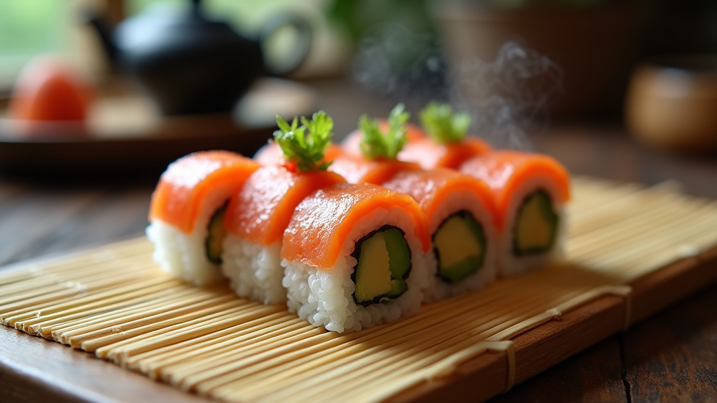 Appareils à sushi variés disposés sur une surface de travail de cuisine