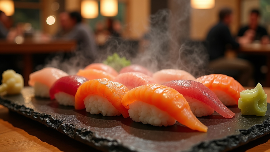 Service de sushis à volonté dans un restaurant japonais moderne