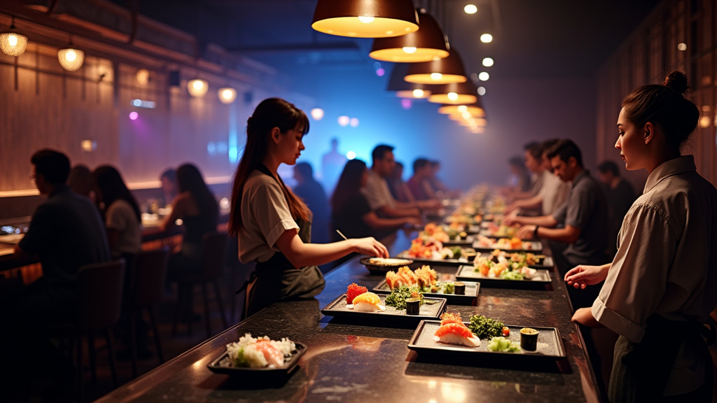 Ambiance lounge du Sushi Club avec DJ en fond et plats colorés sur assiettes noires