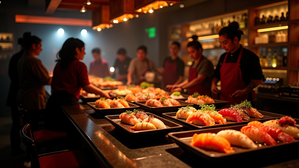 Vue immersive d'un Sushi Club avec ambiance feutrée, lumières tamisées et plats colorés