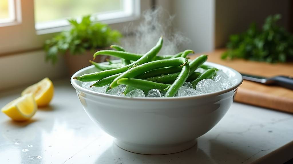 Haricots verts blanchis avec une couleur éclatante