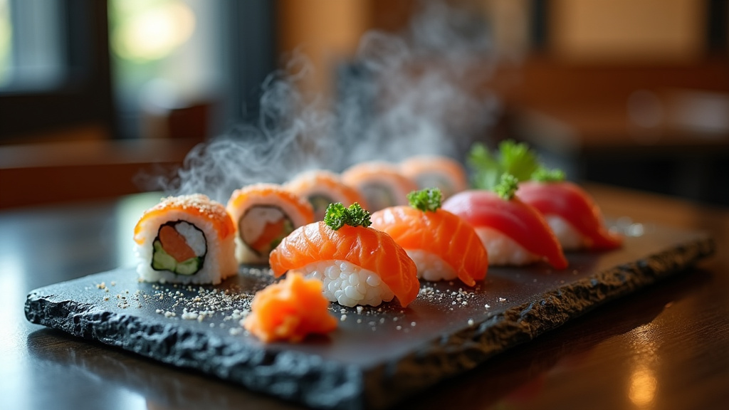 Chef japonais préparant des sushis avec précision dans un restaurant de Toulouse