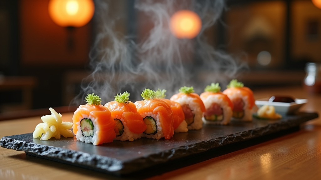 Présentation artistique de sushis équilibrés dans un restaurant de Toulouse