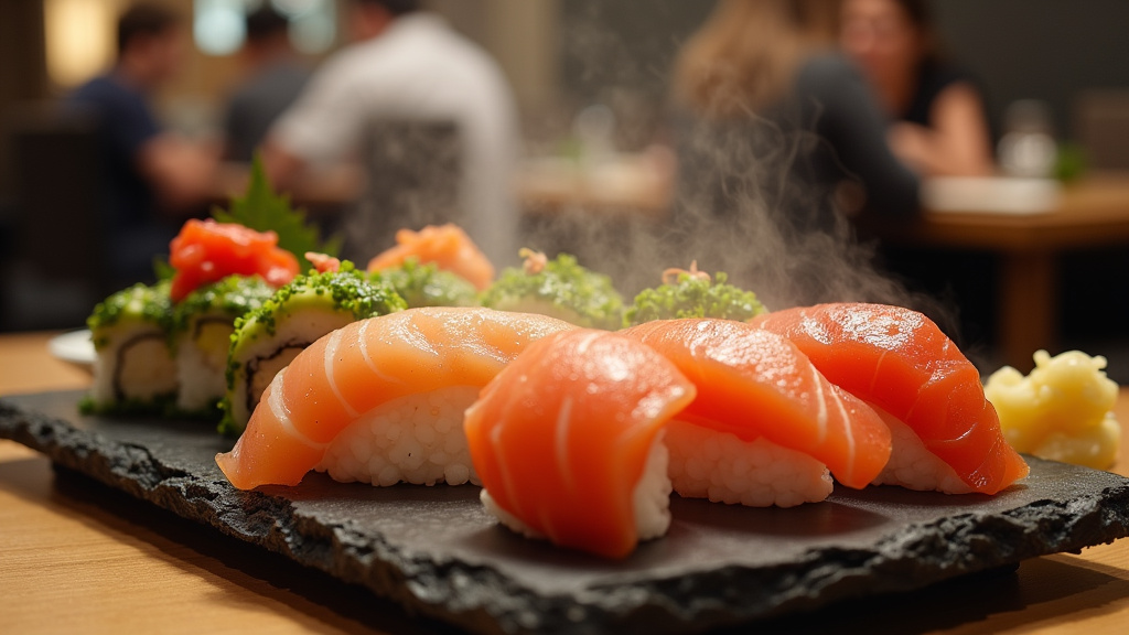 Assiette de sushis fins et colorés dans un restaurant japonais à Toulouse