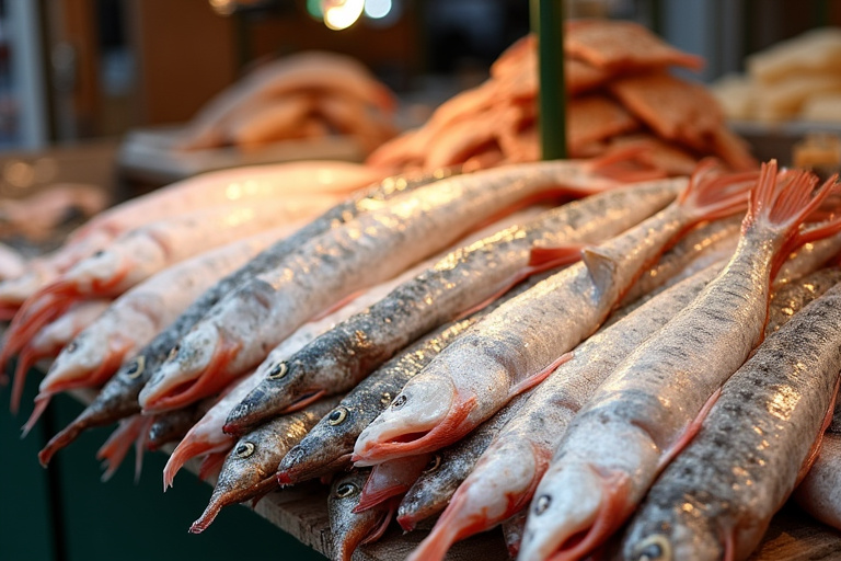 Morue salée présentée sur un étal de marché