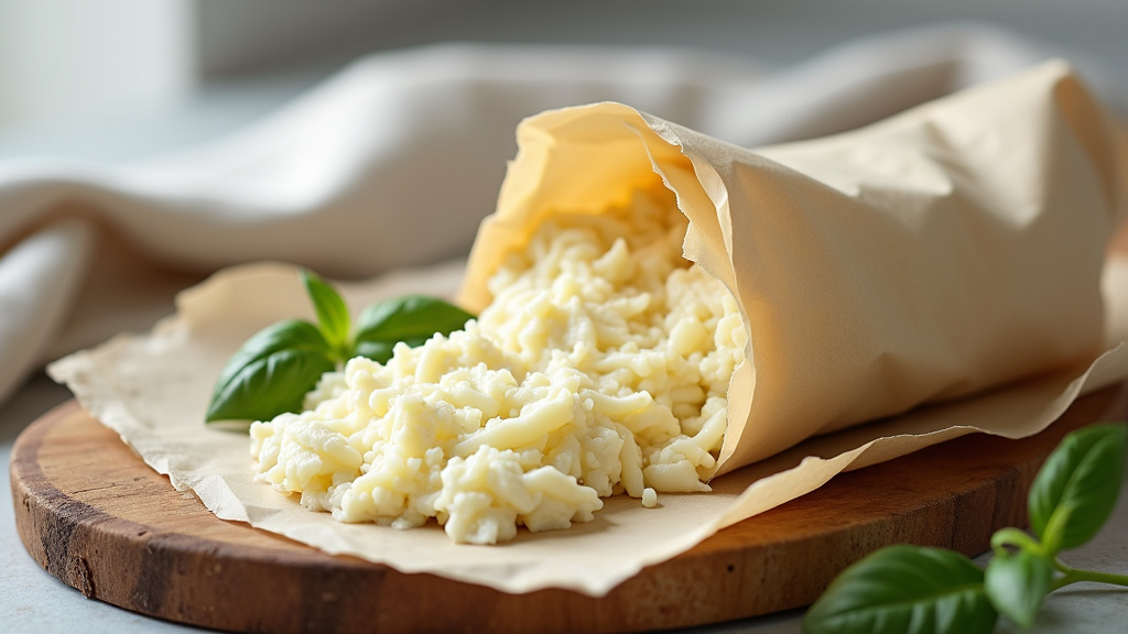 Texture crémeuse de la stracciatella avec des filaments de mozzarella