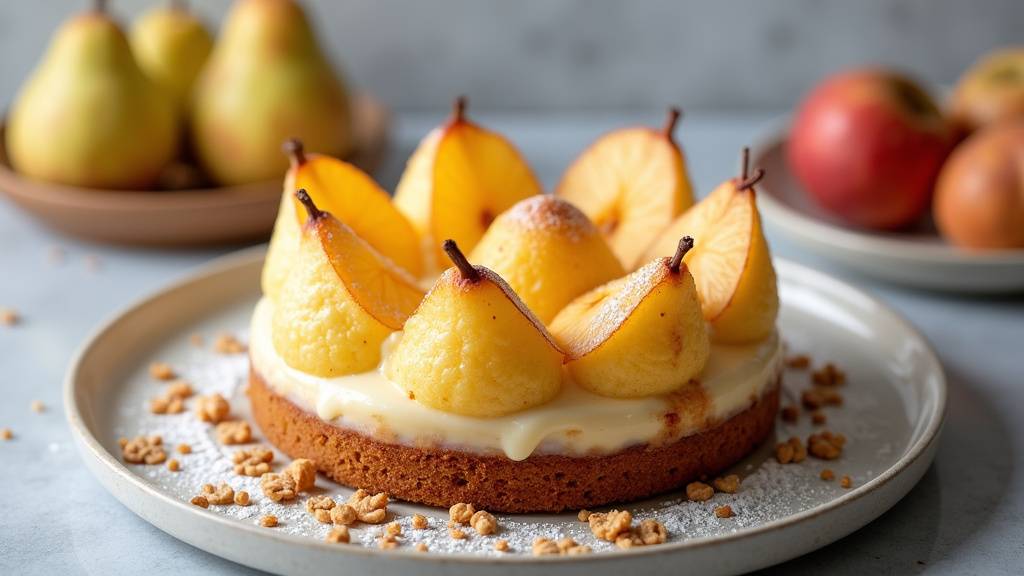 Un gâteau aux poires moelleux et doré, coupé en parts
