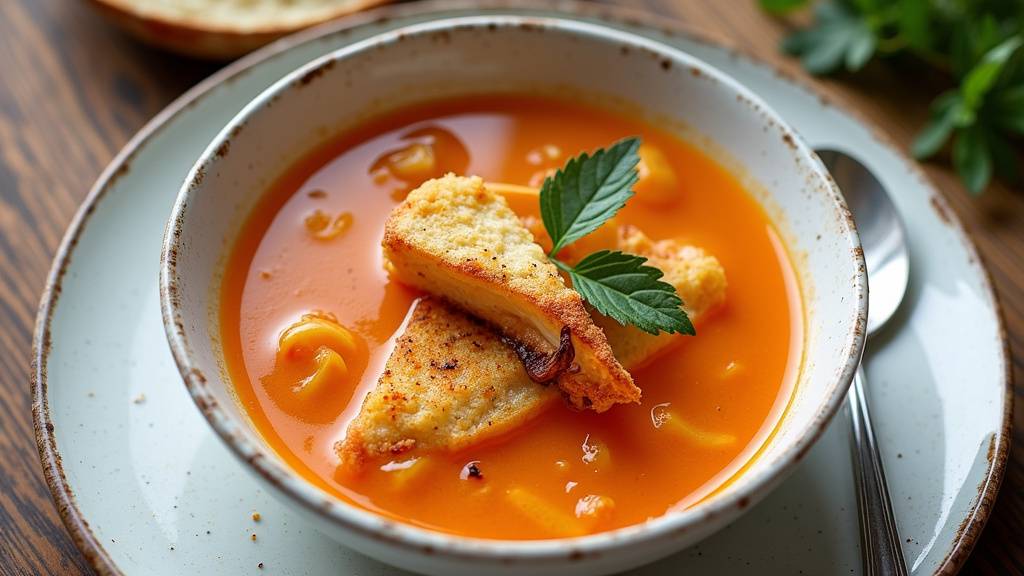 Bol de soupe de poisson maison avec croûtons et rouille