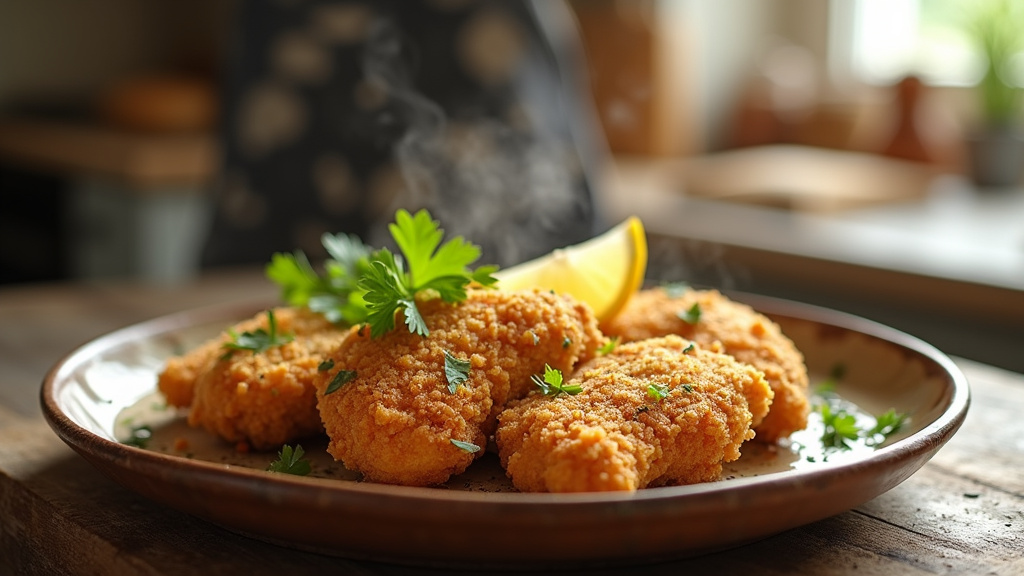Poulet pané cuit au four sur une grille avec une belle coloration dorée