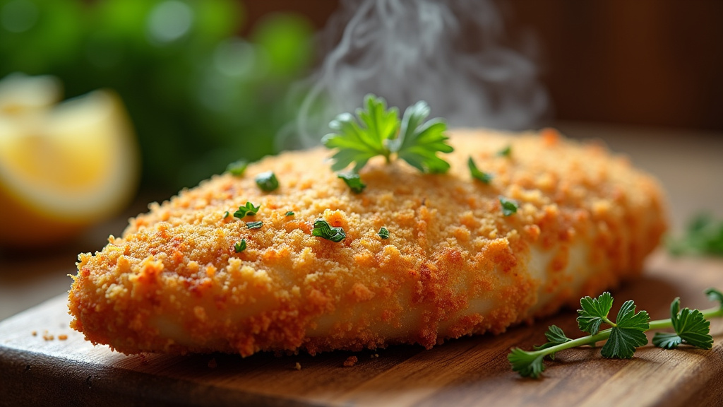 Poulet pané croustillant sortant du four avec une belle panure dorée