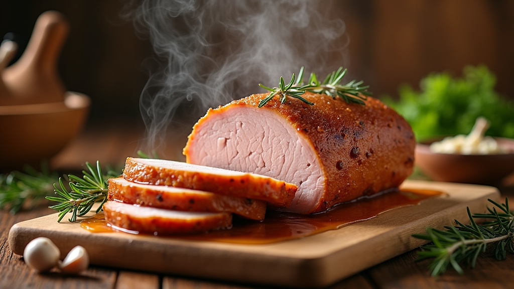 Rôti de porc moelleux sortant du four avec des herbes aromatiques