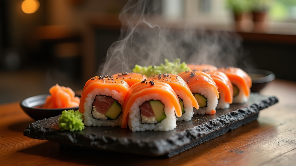 Intérieur chaleureux d'un restaurant Sushi Avenue avec clients dégustant des sushis