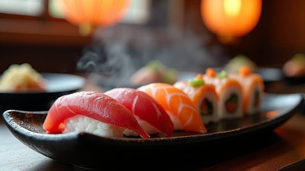 Vue du comptoir central de Sushi Gan avec clients satisfaits