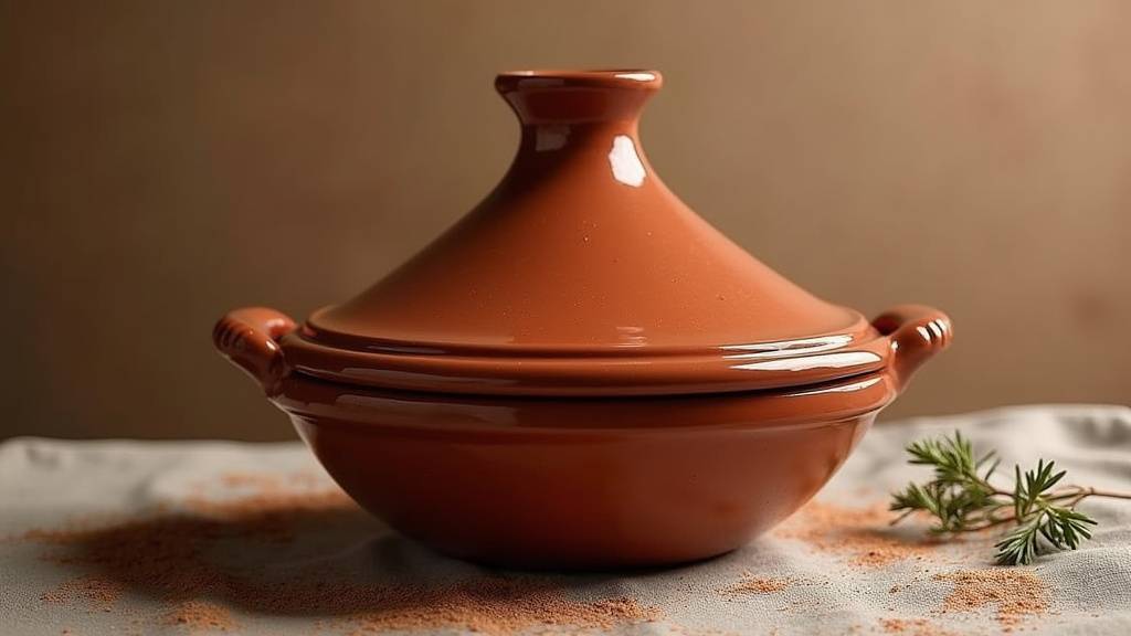 Un superbe tajine en terre cuite prêt à être utilisé.